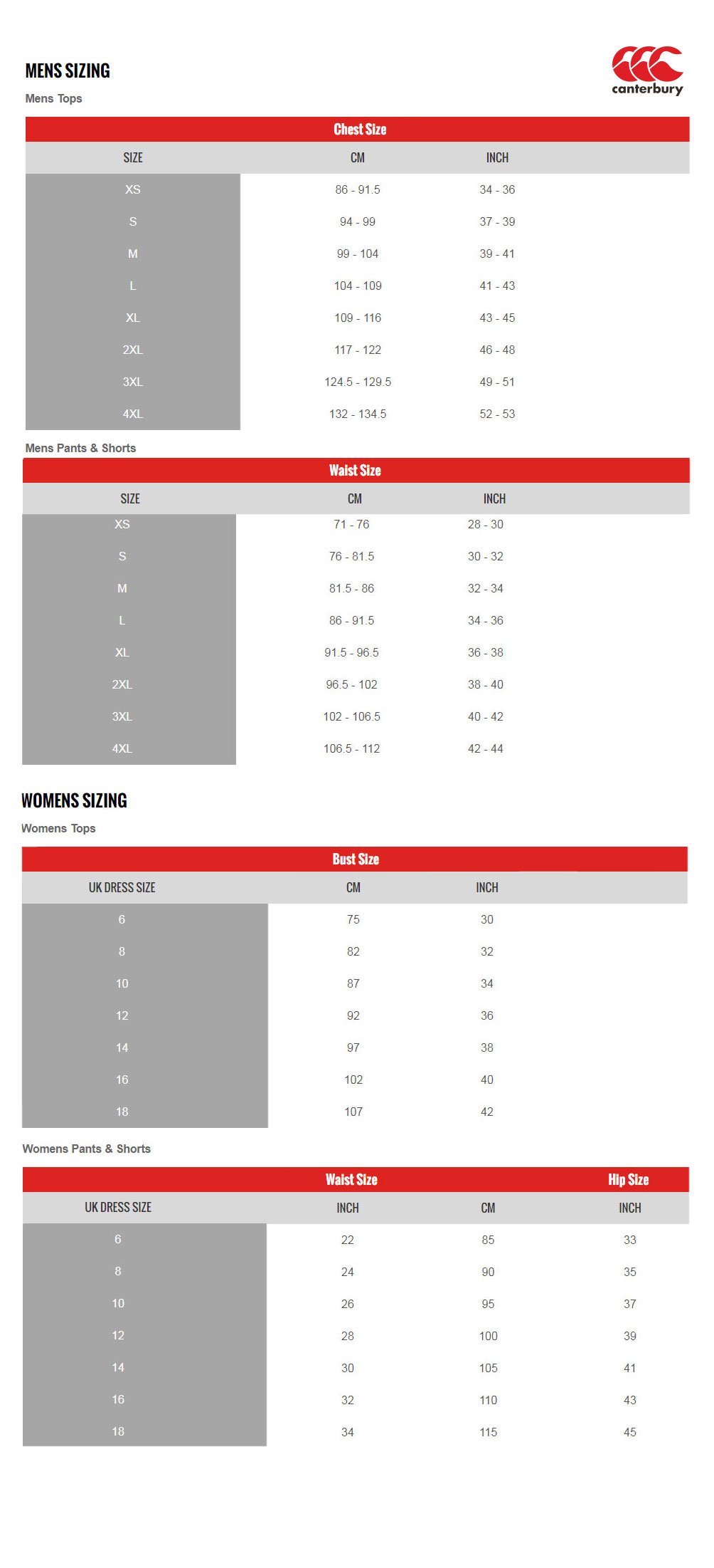 CCC Size Guide