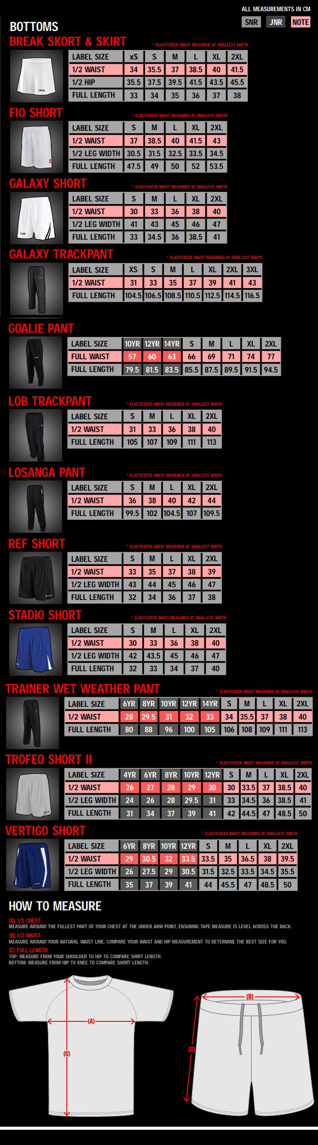 Lotto Bottoms Size Guide