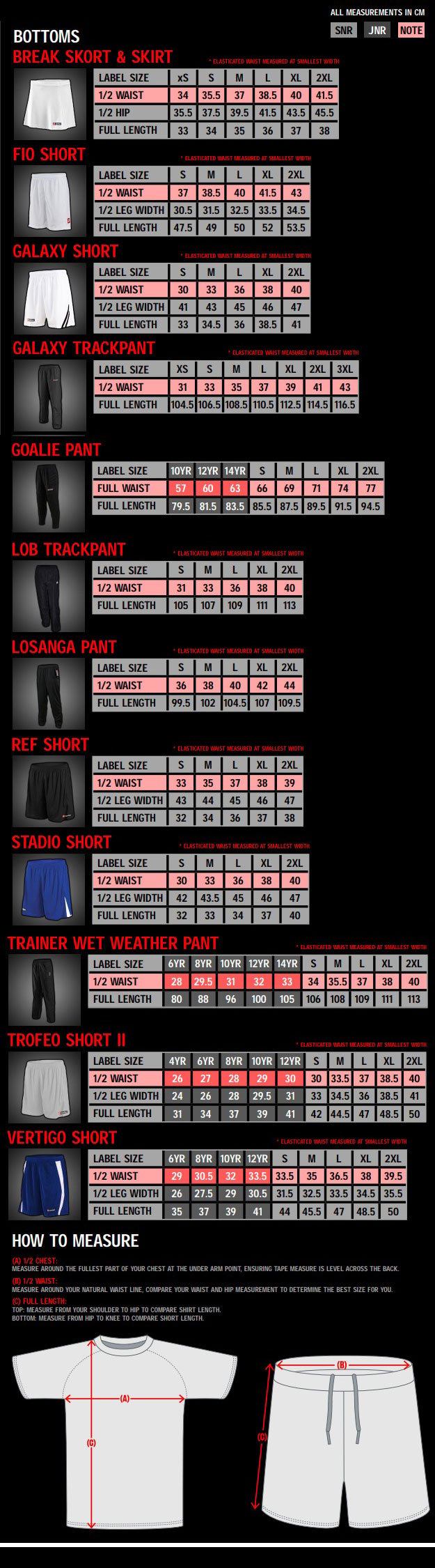 Lotto Bottoms Size Guide