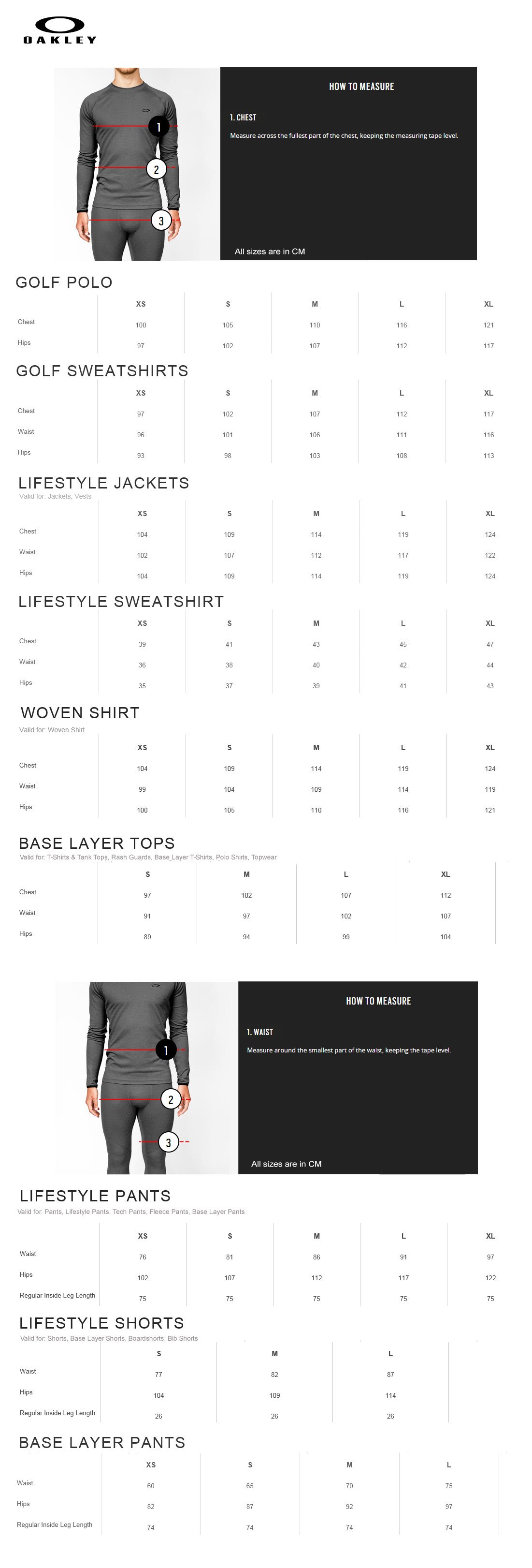 Oakley Swimwear Size Chart