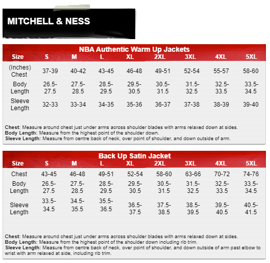 Mitchell&Ness Size Guide