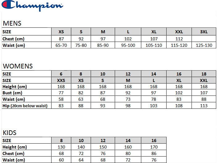 Champion Size Chart