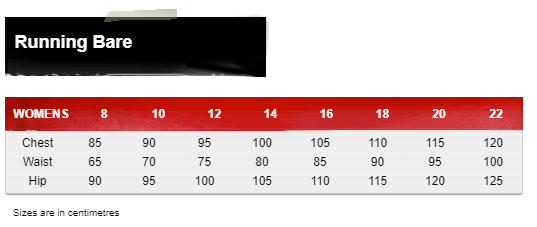 Running Bare Size Chart