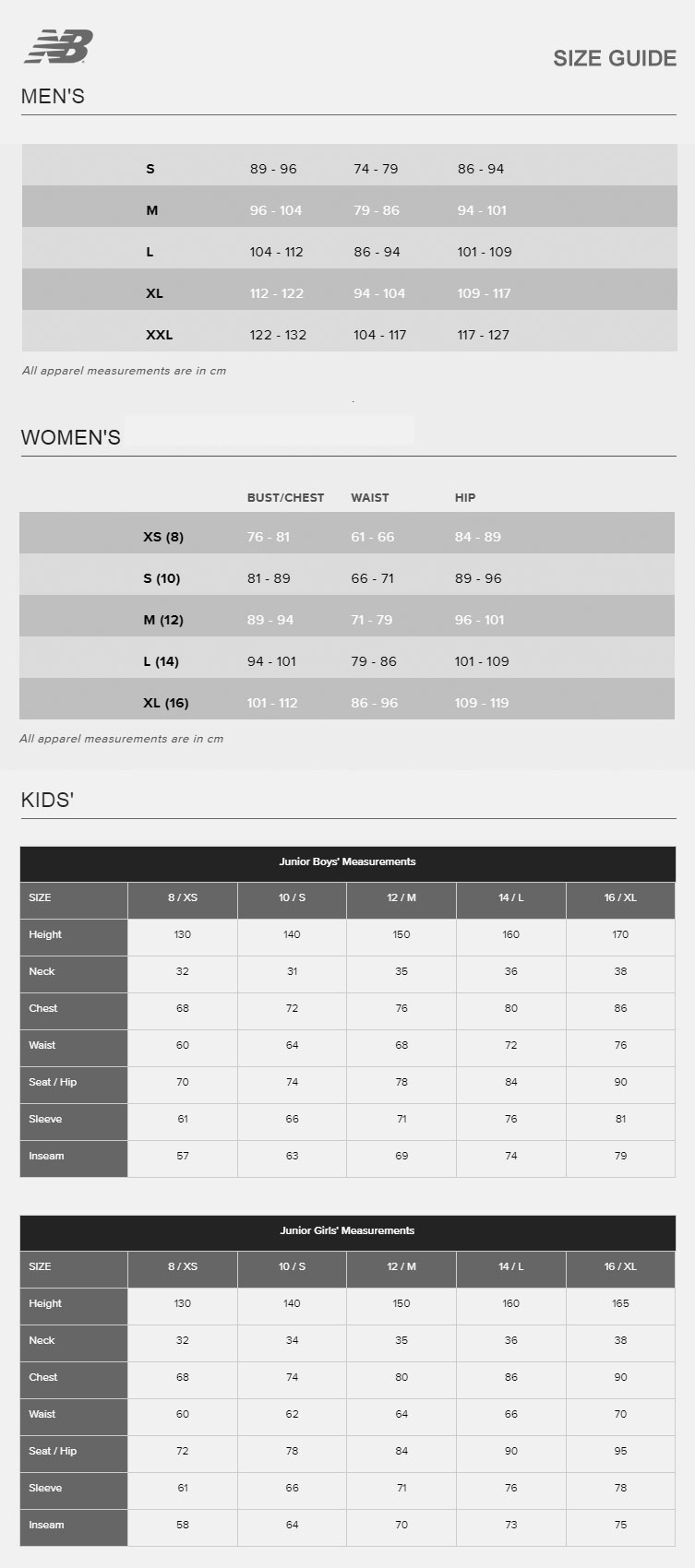 New Balance Size Chart Clothing