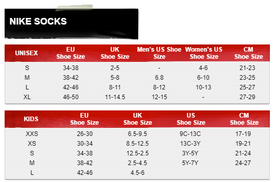 nike sock size chart