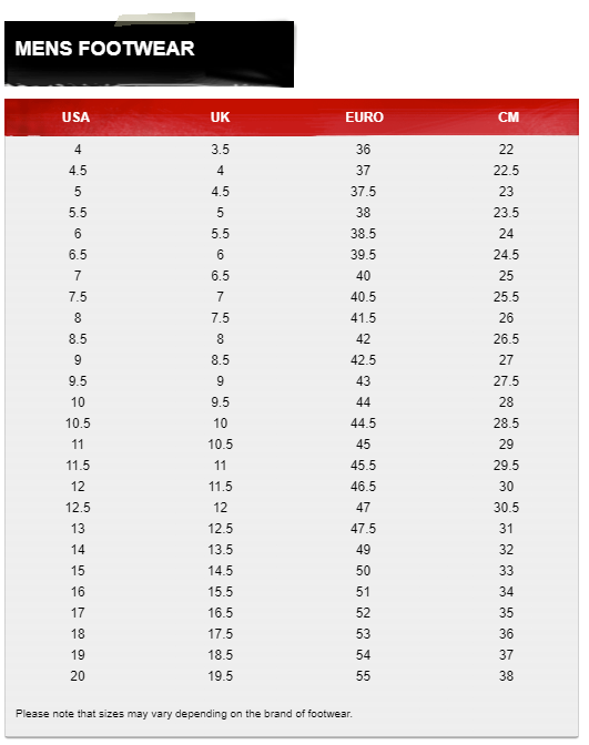 Footwear Mens Size Guide