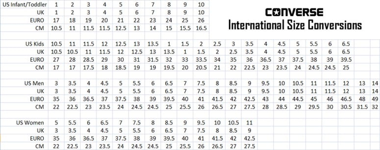 Converse size deals chart nz